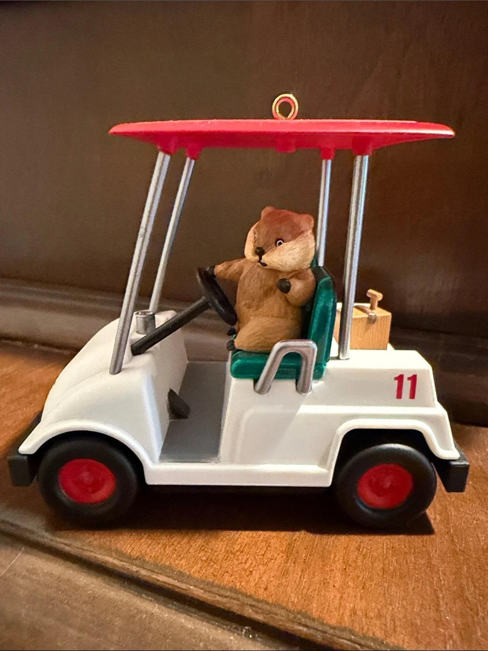 White and Red Golf Cart tree ornament with Green Seat and Plush Driver
